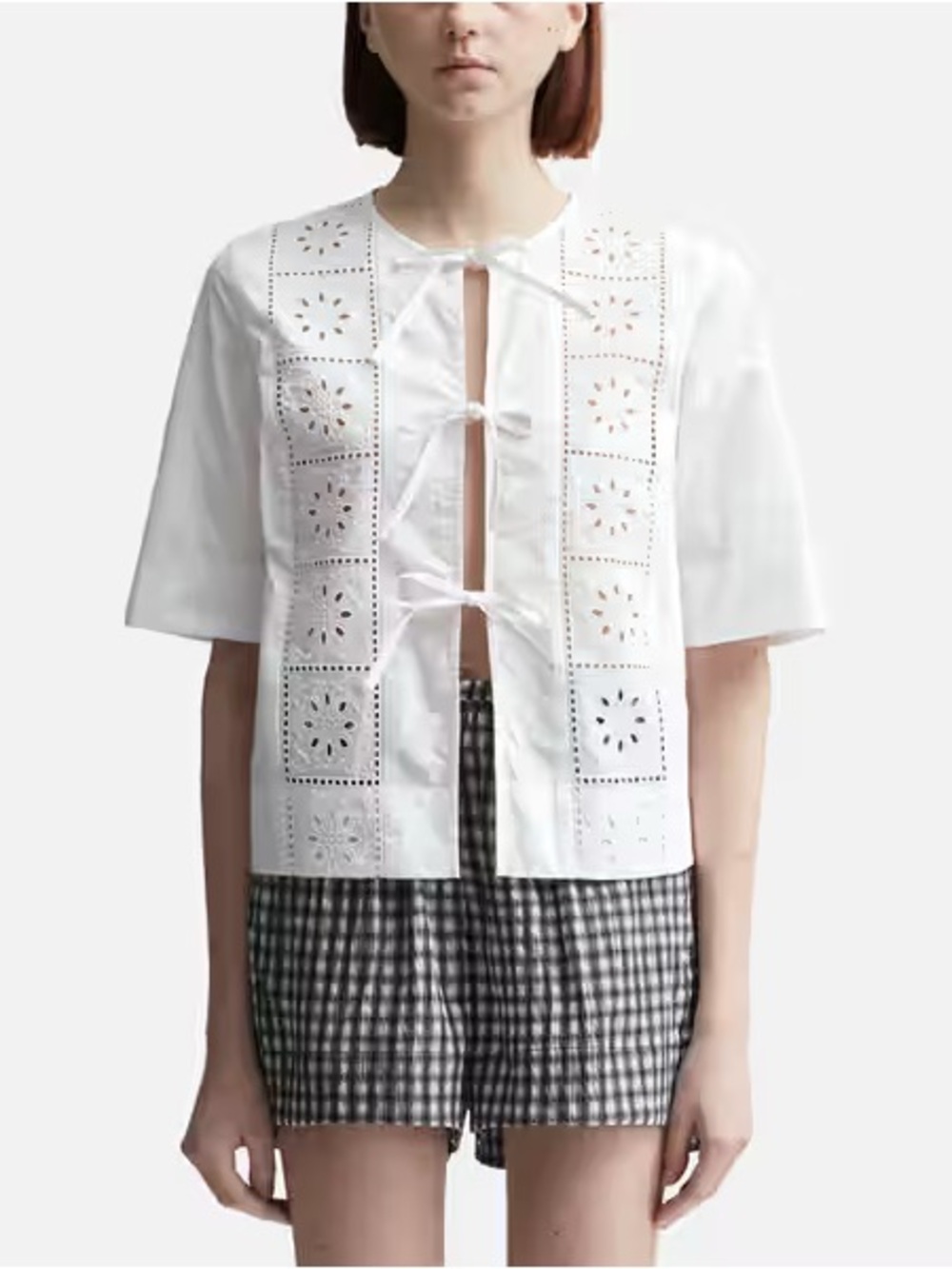 GANNI White Broderie Anglaise Tie Blouse Size 32 XXS